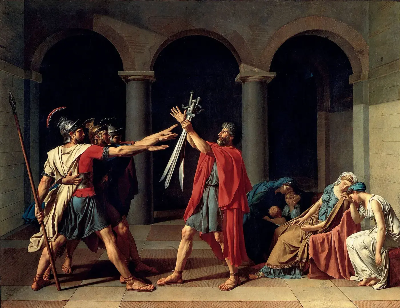 Tres hermanos con el brazo extendido juran ante su padre, que sostiene tres espadas; a la derecha, un grupo de mujeres abatidas; el fondo es una arquería de arcos de medio punto y el suelo, de losas.