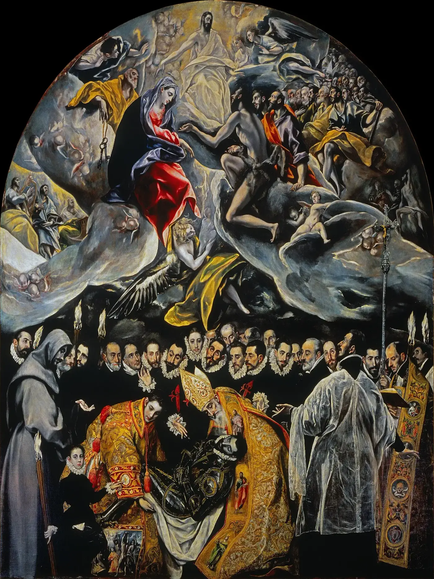 Composición en dos registros: abajo, un entierro con caballeros vestidos de negro y golillas blancas; arriba, un cielo abierto con figuras alargadas, nubes y la Virgen y Cristo en lo alto.